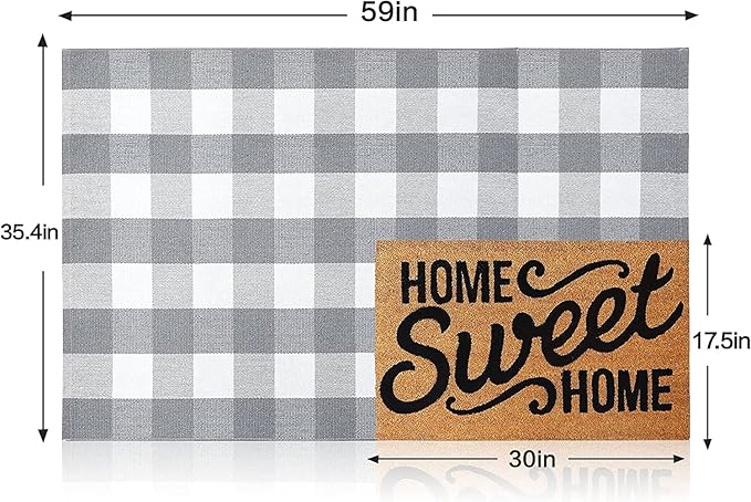 SEEKSEE Cotton Buffalo Plaid Rug 3'x5' Gray and White Checked Rug Washable Doormats Indoor Outdoor Rugs for Layered Front Door Mats, Porch, Kitchen, Farmhouse, Entryway