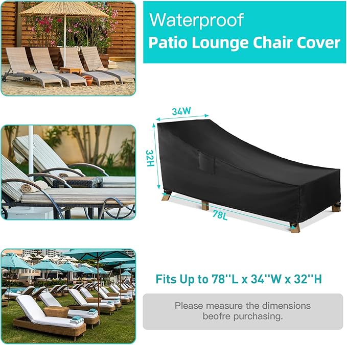 WLEAFJ Patio Chaise Lounge Cover Waterproof, Heavy Duty Outdoor Lounge Chair Covers, Black Durable Patio Furniture Covers, 78L x 34W x 32H inch
