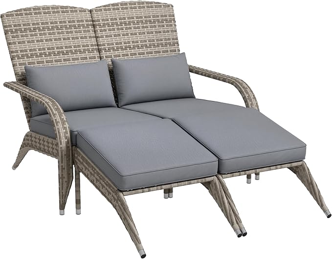 Outsunny Wicker Adirondack Chair for 2 with Cushions & Footrests, PE Rattan Double Chaise Lounge Chair, Fire Pit Chair for Porch with Wide Armrests, High-Back, Gray