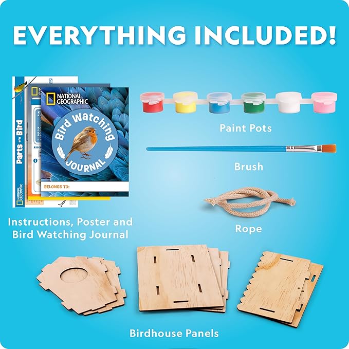 NATIONAL GEOGRAPHIC Creative Conservation™ Build Your Own Birdhouse Kit – DIY Wooden Birdhouse Craft with Paints, Brush, Bird-Watching Journal & Educational Poster for Kids, Bird House Craft