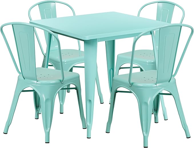 EMMA + OLIVER Commercial Grade Square Mint Green Metal Indoor-Outdoor Table Set-4 Stack Chairs