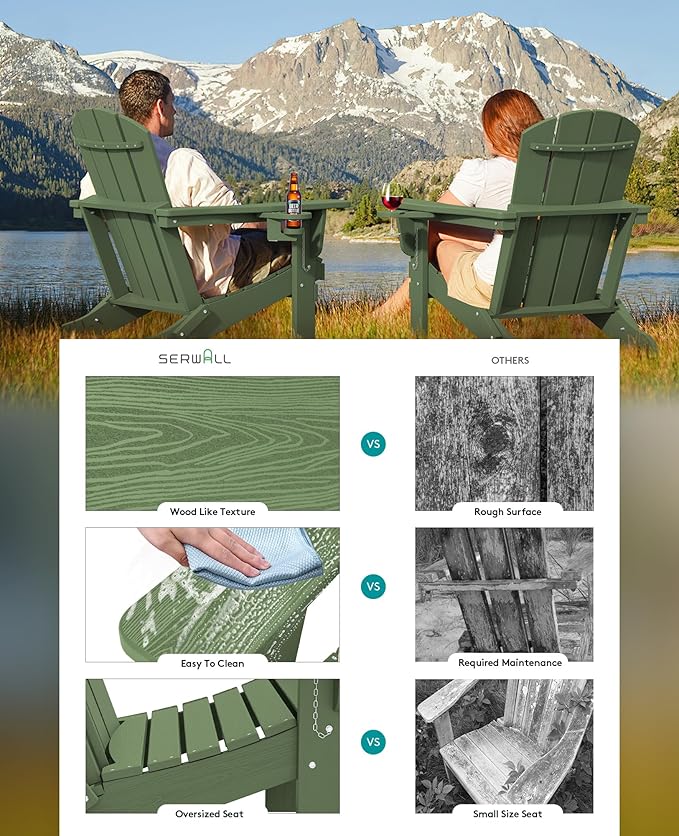 SERWALL Adirondack Chair with Cup Holders - Composite Adirondack Chairs Set of 6 HDPE Outdoor Chairs All Weather Use- Avocado