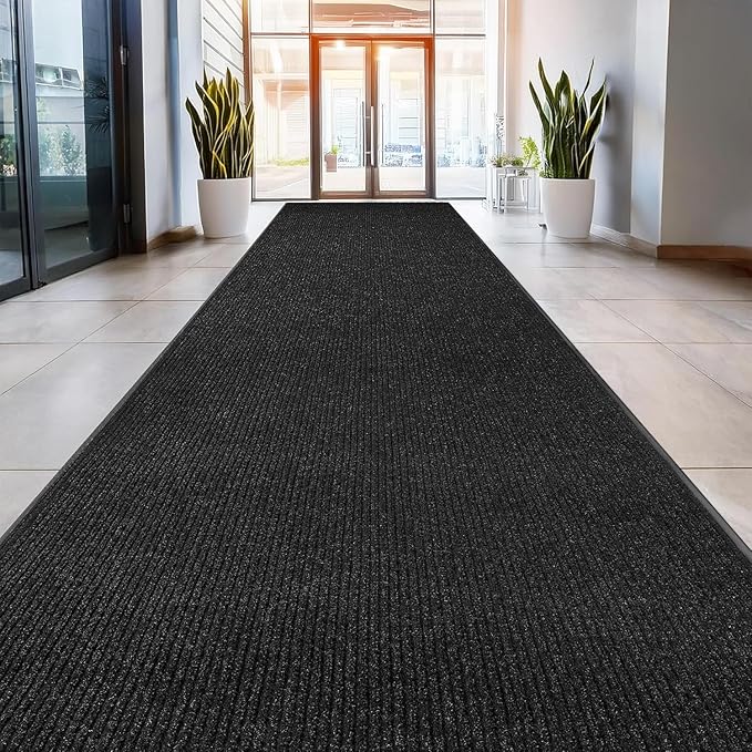 LuxUrux Striped Black Door Mat - Heavy-Duty, Indoor/Outdoor, Waterproof, Low-Profile (4x10 Feet) - Stylish and Durable Solution for High Traffic Areas