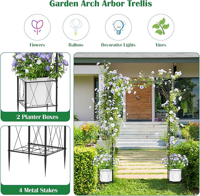 Garden Arch Trellis for Climbing Plants Outdoor 7.7 Ft Metal Garden Arbor with Planter Boxes Wedding Arches for Ceremony Christmas Decorations Pergola for Backyard, Lawn and Patio, Black