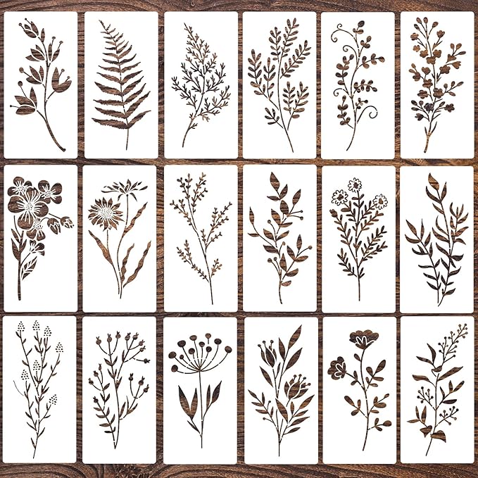 18 Pieces Floral Stencils for Painting on Canvas Reusable Fern Tropical Leaf Stencil for Craft Drawing Template Stencil for Wood Wall Paper Furniture DIY Scrapbooks Crafts Home Decor