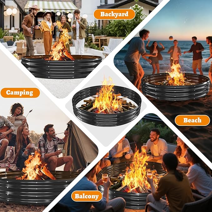 Large Metal Fire Pit Ring/Bonfire Fire Ring- 6 FT Diameter, 0.7 MM Thick,1 ft High, Durable and Stylish for Outdoor Fire Pits,Patios and Camping (Black, 6X6X1 ft)