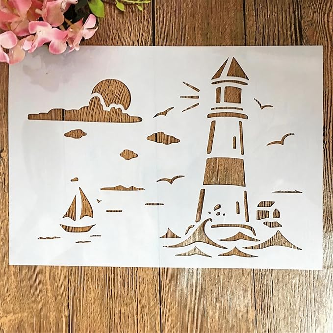 TIAMECH A4 Reusable Lighthouse Sea Sail Stencil for Painting - Beach Sunrise Layering Template, DIY Wall Art, Wood Furniture, Scrapbook & Crafts (8.3x11.7inch)