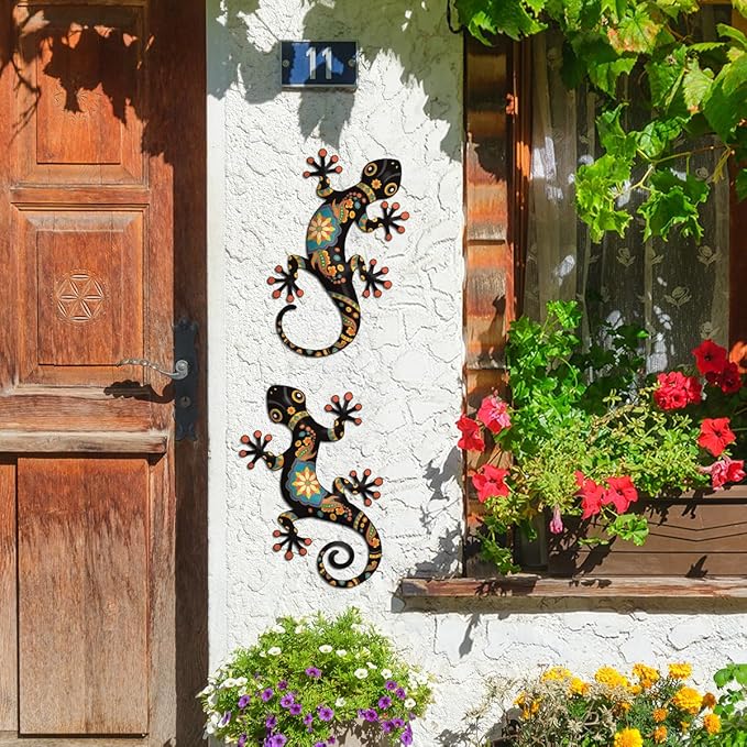 Metal Gecko Outdoor Decor -2 Pack 11.8 inch Metal Lizard Wall Hanging Sculpture Decoration for Indoor or Outdoor, Garden Yard Fence Porch Wall Decorations