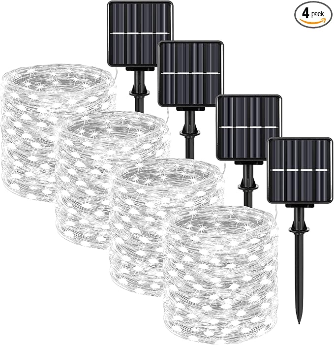 Extra-long 288FT 800 LED Solar Fairy String Lights, 4-Pack 72FT 200 LED Outdoor Twinkle Lights Waterproof 8 Lighting Modes Cool White Silver Wire Lights for Deck Backyard Tree Garden Fence Pool Party