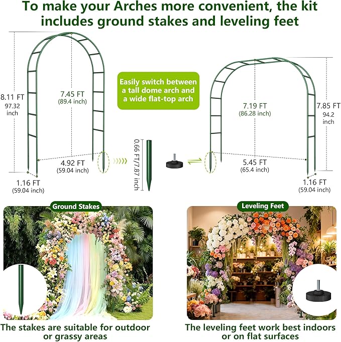 Thickened Rustproof Garden Arch Metal Trellis for Climbing Plants Outdoor, Wedding Arch Garden Arbor Frame Archway 4.9 x8.1 or 5.5 x7.9Ft Flower Arches for Bridal Party Decoration (Green)