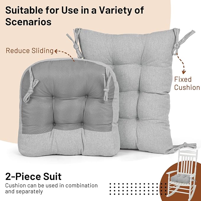Lokex Rocking Chair Cushion 4 Inch Extra Thick, Cushions for Rocking Chairs Set of Seat and Back with Ties, Linen Fabric Indoor Outdoor Rocker, 17x21 & 17x17 Inches (Light Grey)