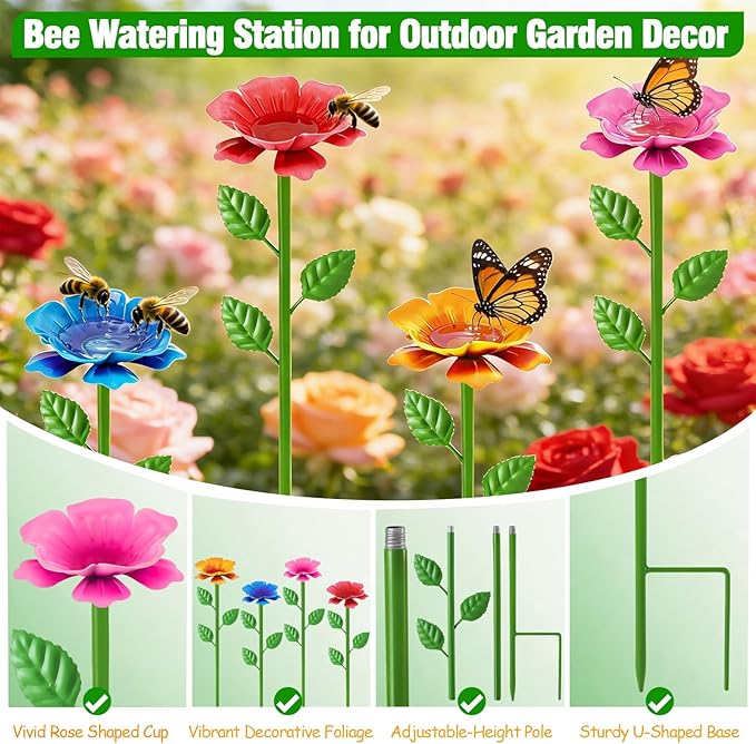 4 Pack Bee Watering Station, Metal Bee Water Station with Flower Design Colorful Butterfly Bath Bowl Drinking Feeder Cups for Outdoor Garden Yard Decor (Red,Pink,Blue,Yellow)