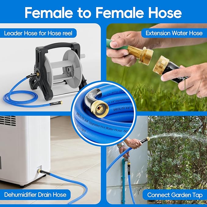 SPECILITE Female to Female Hot/Cold Garden Water Hose 5 ft x 3/4 Inch for Hose Reel, -50℉To 190℉, Heavy Duty, Flexible, Burst 605 Psi, Rubber Extension Pipe with 3/4" Brass Fittings