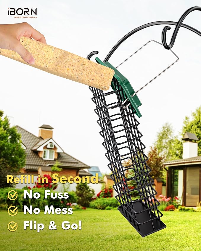 iBorn Metal Double Suet Feeder,Durable Suet Cake Cage Bird Feeder for Outdoors Hanging，Metal Roof Bird Feeder with Taller Grid for Woodpeckers,Large Suet Holder,Easy Clean & Refill,1 Pack,Green