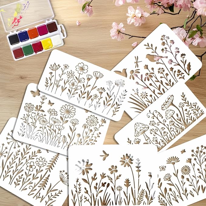 16PCS Large Flower Stencils for Painting on Walls Wildflower Stencils with Brushes Floral Spray Paint Stencil Reusable Drawing Template for Walls Garden Fence Furniture Fabric Card