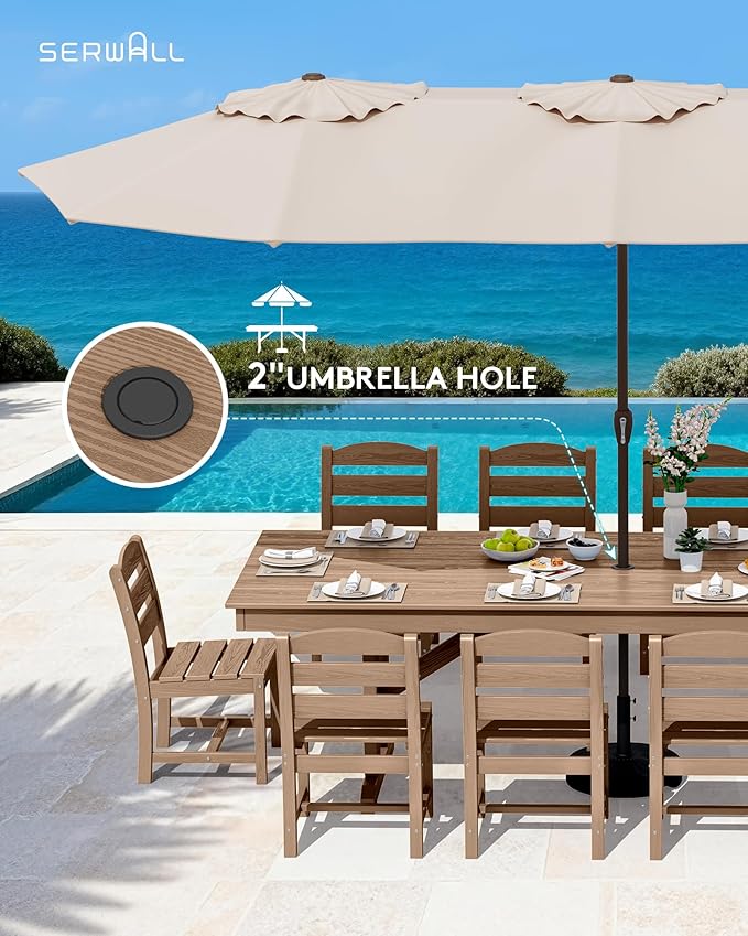 SERWALL Outdoor Dining Table, 84" Rectangular Dining Table for 6-10 Person, All Weather HDPE Outdoor Furniture for Backyard, Garden, Brown