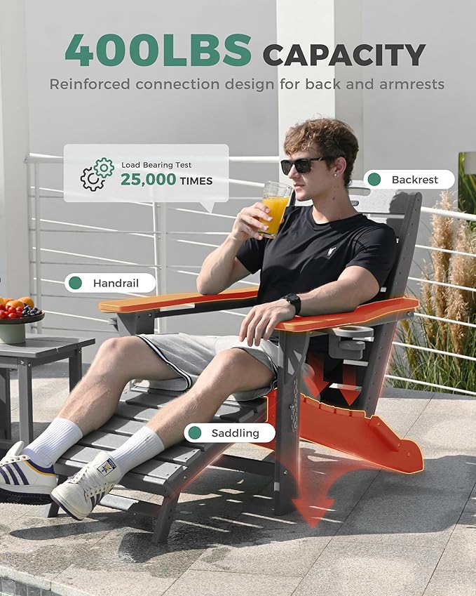 Folding Adirondack Chairs Set of 2,HDPE Adirondack Chair with Retractable Ottoman,Weather Resistant Patio Chair,Outdoor Chairs Set of 2(Gray)