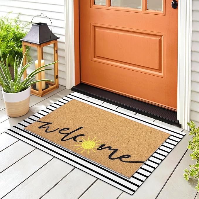 Tinideya 2 Pcs Summer Door Mat Non Slip Wildflower Coastal Hello Sunshine Sweet Home Ocean Pet Welcome Floor Doormat Buffalo Plaid Checked Stripe Mat Seasonal for Front Porch Entryway(Sun)