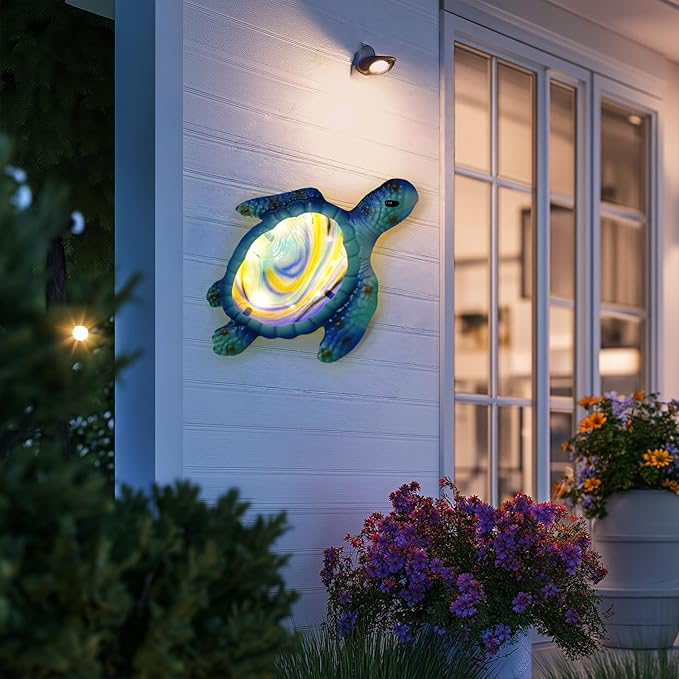 LIFFY Metal Fish Wall Decor with Frame-Outdoor Wall Art, Wall Decor with LED Fairy Lights, Fish Glass Art Wall Sculpture for Patio,Beach,Garden,Yard,Pool,home gift(2pcs, Blue) (Light Turtle)