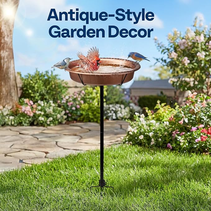 VIVOHOME Oval Bird Bath for Outside, Outdoor Birdbath Bowl with Metal Ground Stake, Weather-Resistant ABS Bird Bath and Feeder for Garden, 1.3 Gallons, Bronze