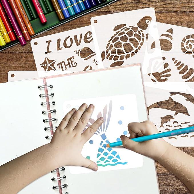 50 PCS Ocean Animal Painting Stencils Reusable Sea Stencils for Painting on Wood Rocks Canvas Fabric Glass Pottery 4x4 Inch