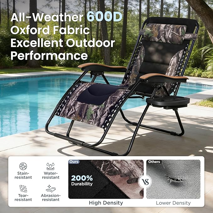 PHI VILLA XXL Oversized Padded Zero Gravity Chair Set of 2, Foldable Patio Recliner, 30" Wide Seat Anti Gravity Lounger with Armrest and Cup Holder, Support 400 LBS (Camouflage)