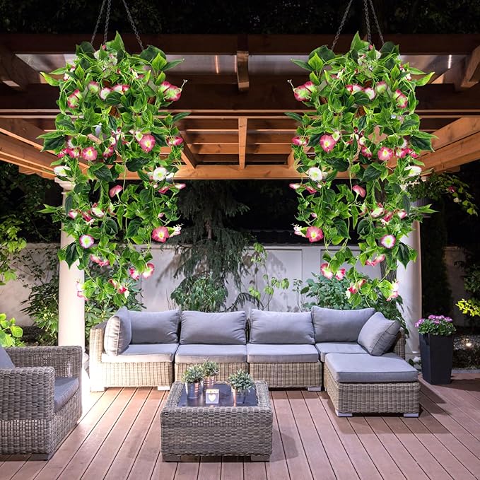AirSun Artificial Morning Glory Flower Vines, 2pcs 15Feet Hanging Plants Silk Garland Fake Green Plant Home Garden Wall Fence Indoor Outdoor Wedding Birthday Decor