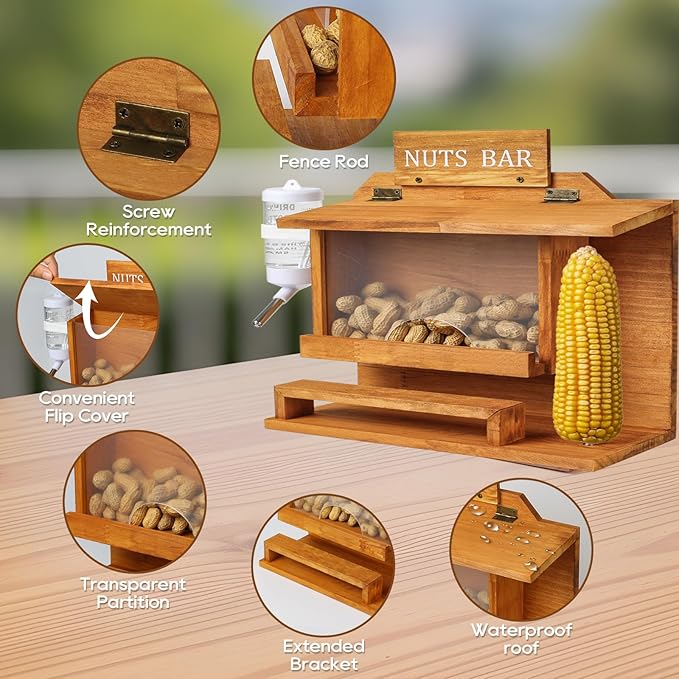 Nut Bar Squirrel Feeder, Squirrel Feeders for Outside, Extra Large 11.8" Squirrel Picnic Table Feeder with Water Bottle, Wooden Funny Chipmunk Feeder Box, No Assembly Required