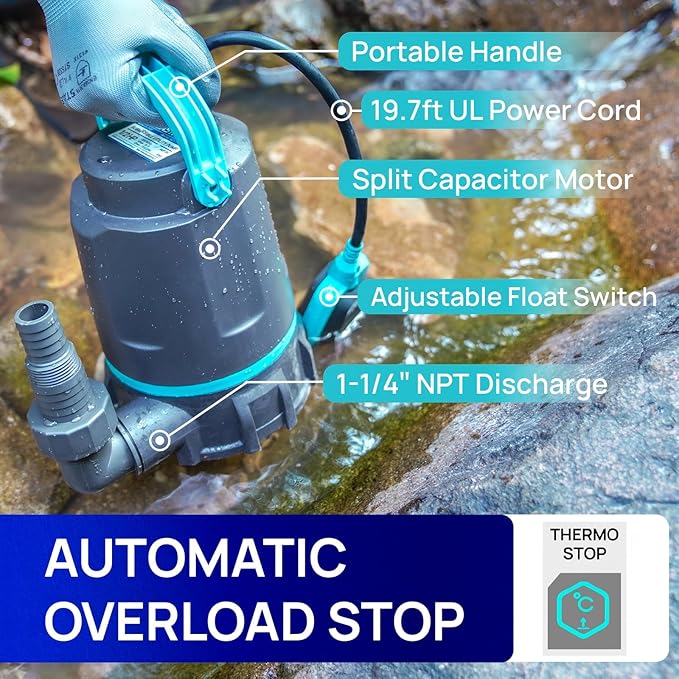Aquastrong 1/2 HP Utility Pump 3159 GPH Submersible Water Pump with Float Switch, Draining Flooded Basement, Pool, Hot Tub, Pond, Garden Irrigation, 10ft Cord