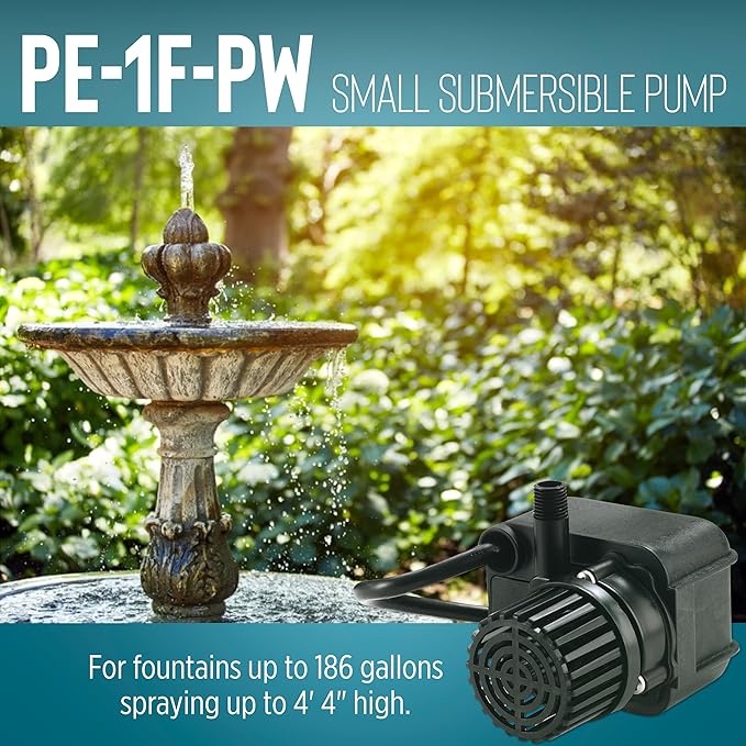 Little Giant PE-1F-PW 115 Volt, 1/125 HP, 170 GPH Submersible Direct Drive Fountain Pump with 15-Ft. Cord, Black, 566608