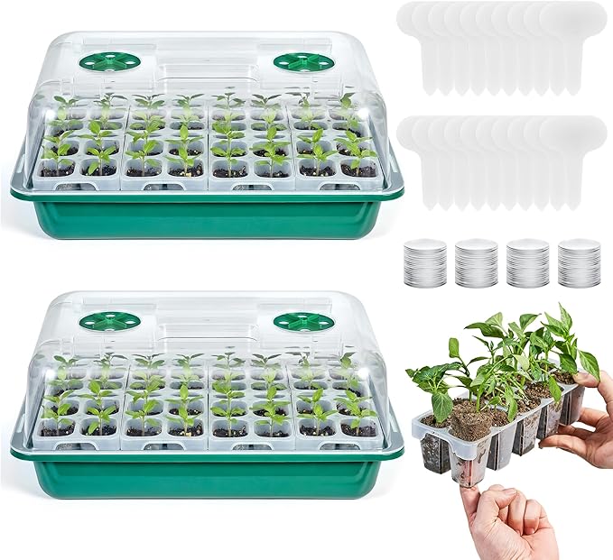 HIRALIY 80 Cell Seed Starter Tray Kits, Reusable Plant Germination Trays, Easy Transplanting, with Humidity Domes and Bases, for Starting Vegetable, Flower & Herb Seeds, Indoor Gardening, Greenhouse