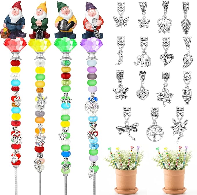 95 Pcs Gnome Garden Stakes Fairy Wand Garden DIY Beaded Stakes Decor 4 Crystal Stopper Top 4 Gnome 64 Large Hole Beads 15 Silver Pendants 4 Threaded Rods 4 Pcs Nuts, for Craft Supply