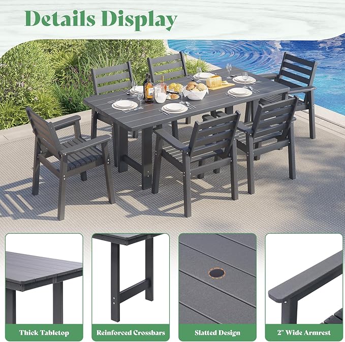 AMERLIFE 7-Piece HDPE Outdoor Dining Set with Umbrella Hole, 71" L Patio Table and Chairs Set for 6, Modern Garden Dining Set for Backyard, Poolside, Porch, Gray