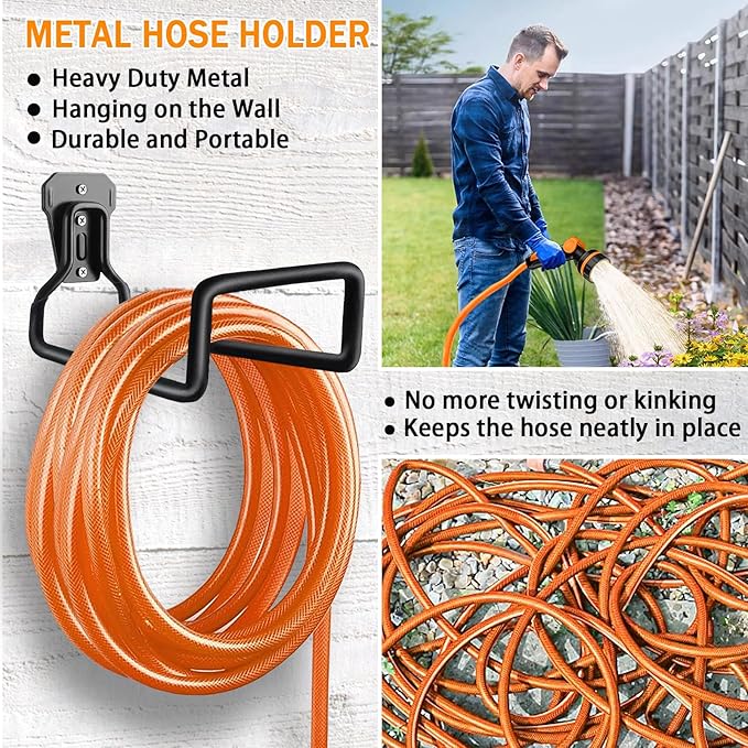 Hose Holder Wall Mount, Heavy Duty Hose Hanger for Outside Metal Hook for Water Hoses Outdoor Organizer Study Rack for Garden Hoses, 2 Pack