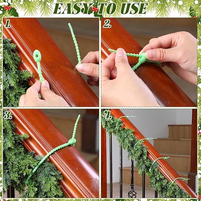 48 Pcs Green Christmas Flexible Garland Ties Assorted Size Adjustable Decorative Soft Ties Reusable Banister Garland Straps for Christmas Tree Mantel Fences Holiday Craft Wrapping