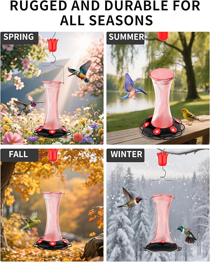 Hanging 20oz Glass Hummingbird Feeder with Moat, Small Outdoor Plastic Bird Feeder, Squirrel Proof, Ants, Outside Water Dispenser for Garden (Pink Glass Bird Feeder-2)