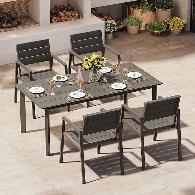 Outdoor Dining Set for 4, Patio Table and Chairs Set with Umbrella Hole, 5 Pieces HDPS + Aluminum Outdoor Furniture Sets for Patio, Garden (Charcoal)