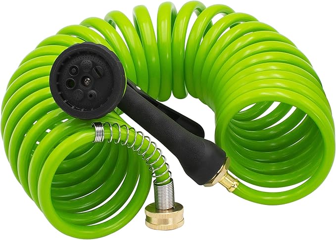 AUTOMAN EVA Recoil Garden Hose 25ft - Includes 7 Pattern Spray Nozzle,Curly Water Hose 25 Foot,Watering Hose Coil,Retractable,Corrosion Resistant Garden Coil Hose.Green