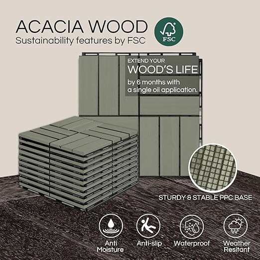 10 Pcs Deck Tiles, Patio Flooring - Outdoor Waterproof Acacia Wood Tiles for All Weather Use - Balcony, Backyard, Indoor & Outdoor (Green Crossed Pattern, 10 Square Ft)