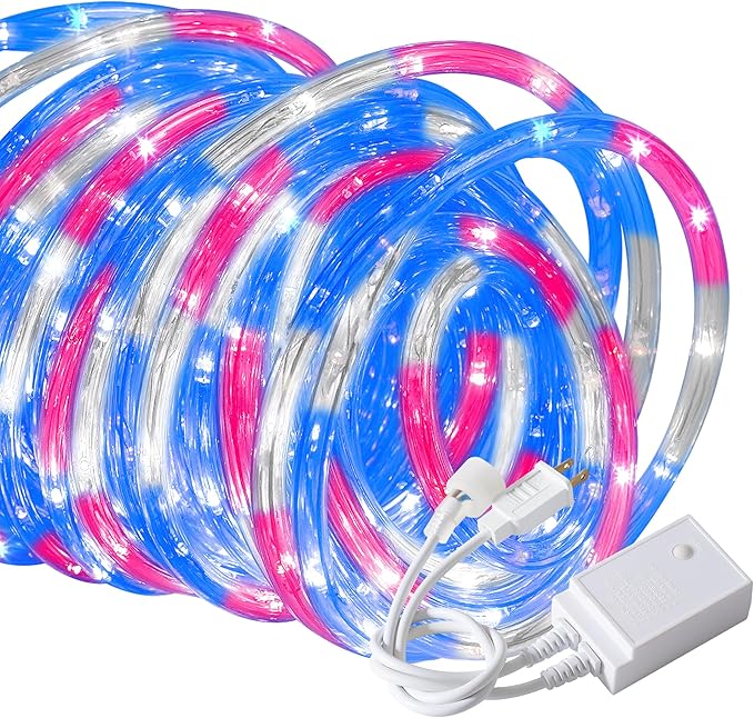 Waterproof LED Rope Lights, Connectable & Flexible with 8 Modes, Outdoor Lighting for Deck, Garden, Pool, Patio & Christmas Decor (Red/Blue/White, 50ft)