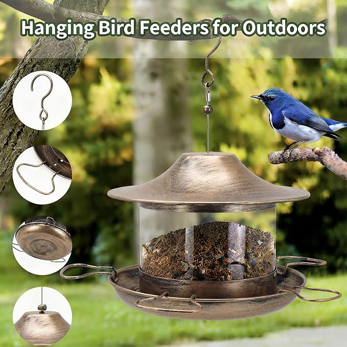 Bird Feeder for Outdoors Hanging, Heavy Duty Metal Bird Feeder for Wild Birds, 4.5Lbs Large Capacity Weatherproof Birdfeeder for Outside Garden Yard,Easy to Clean and Fill, (Bronze)