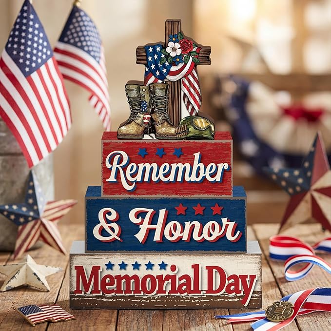4 Pcs Memorial Day Table Decor Patriotic Remember Honor Our Heroes Wooden Sign Fourth of July Tiered Tray Decor Red White Blue Table Centerpiece for Home Office Desk Shelf Mantel Decorations