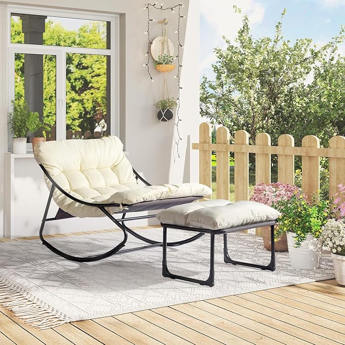 VINGLI Outdoor Rocking Chair with Ottoman, Comfortable Cushioned Lounge Chair for Indoor & Outdoor, Supports 400 LBS, White