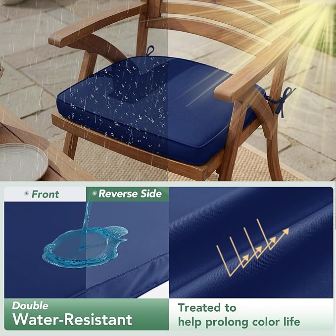 Outdoor Chair Cushions Set of 2: Waterproof & Fade Resistant Patio Furniture Cushions - 19 x 19 x 2 Inch Non Slip Round Corner Seat Cushion Pads with Removable Cover for Garden Yard Lawn, Navy Blue