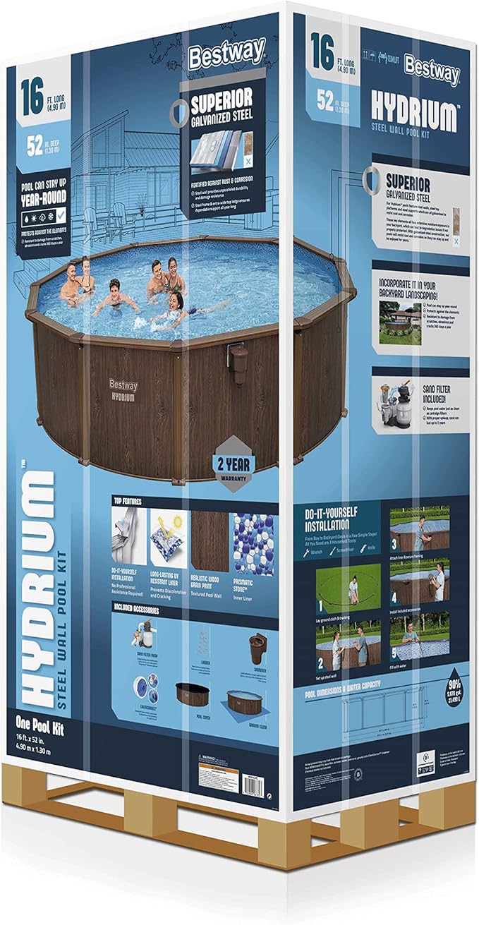 Bestway Hydrium 16' x 52" Above Ground Pool, Round Steel Side Wall Frame Outdoor Swimming Pool Set with Sand Filter Pump, Ladder & Accessories