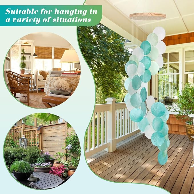 Seashell Wind Chimes for Outside - Handcrafted Spiral Shape Capiz Shells Windchime Coastal Style Decor for Indoor/Outdoors, Garden & Beach Hanging Decor for Wind Chimes Lovers and More