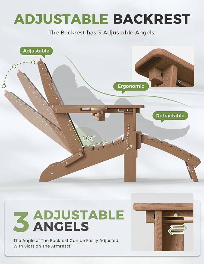 Ciokea Folding Adirondack Chair Set of 2 with Retractable Ottoman Fire Pit Patio Chair with Pull Out Foot Rest Weather Resistant Lawn Outdoor Chair with 2 Cup Holder (Teak)