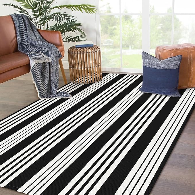 KOZYFLY Black and White Striped Outdoor Rug 4x6 Ft Area Rug Washable Indoor Outdoor Rug Hand Woven Cotton Door Mat Outdoor Carpet for Front Door Entryway Patio Porch Living Room