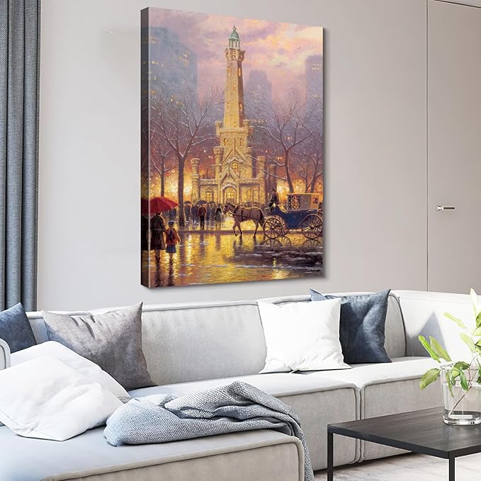 STUDIO HAVEN Thomas Kinkade Canvas Wall Art, Snowy Winter Evening Horse Drawn Carriage Pedestrians City Tower Oil Painting Poster Landscape Wall Decor, Framed Prints for Home Decor, 32x48Inch