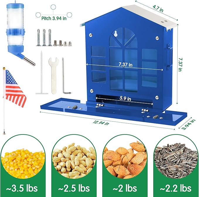 Metal Squirrel Feeder for Outside, Hanging Squirrel House for Outdoors with Water Bottle, Flag and Corn Cobs Holder, Peanut Feeder for Chipmun, Blue